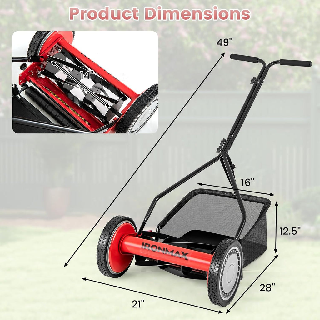 IRONMAX 14 Inch 5-Blade Push Reel Mower, Removable Grass Catcher, Red | 4-Level Adjustable Cutting Heights, Lightweight