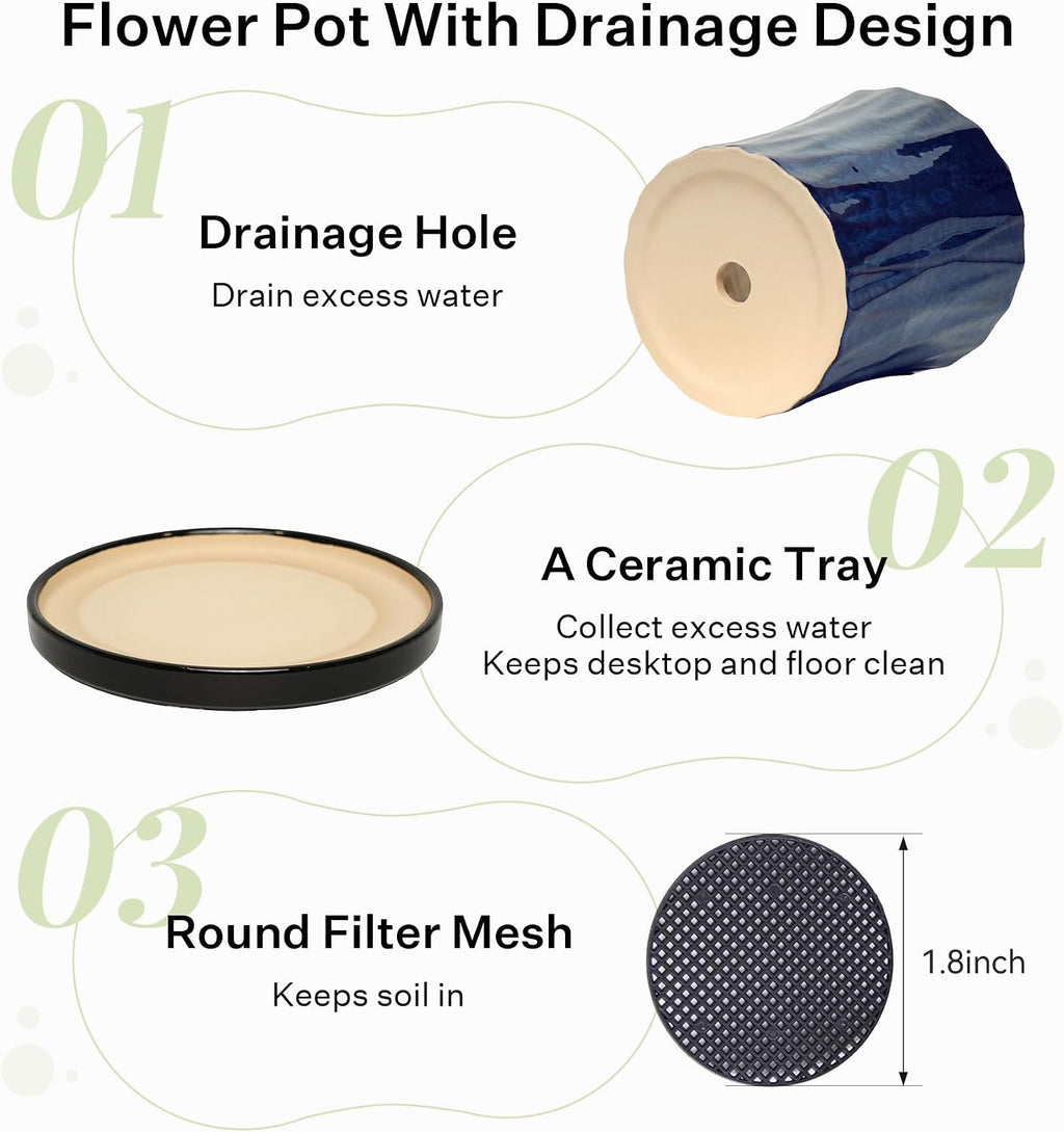 6.6 Inch Ceramic Planters with Drainage Hole and Saucer,Indoor Outdoor Large Flower Pots, Garden Pot for Plant Lovers