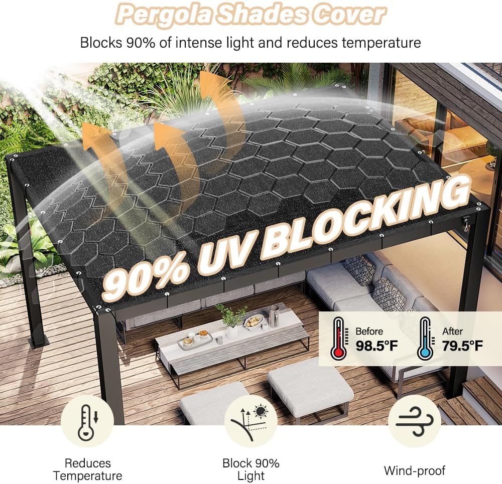 Kokorona 90% Sun Shade Cloth with Grommets, 8' x 12' Pergola Shade Cover for Outdoor Patio, Mesh Tarp Patio Sun Screen