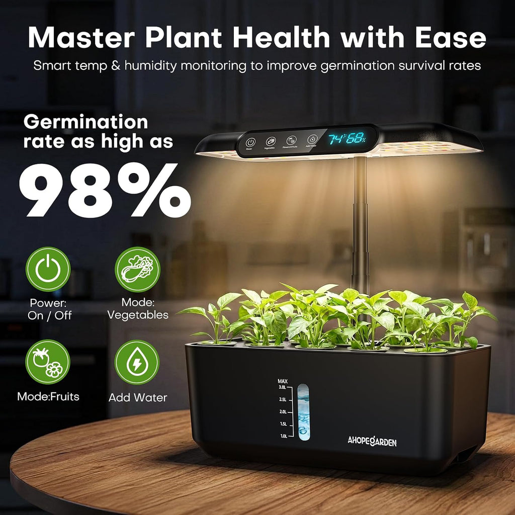 Hydroponics Growing System Herb Garden: 10 Pods Indoor Garden Kit with LED Grow Light and Smart Temp & Humidity Display