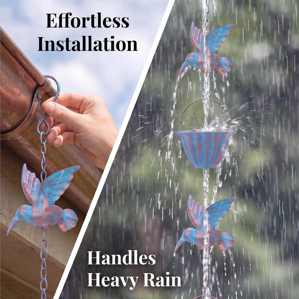 Hummingbird Rain Chain, 7.8 FT 7-Cup Adjustable Gutter Rain Catcher (Blue) | Adjustable Rust Resistant Outdoor Rain