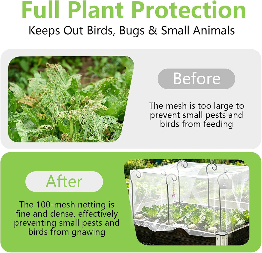 Garden Netting Kit for Raised Beds, 10 x 13 FT Ultra Fine Insect Mesh with 8 Upgraded Hook-Top Stakes & 20 Clips, Plant