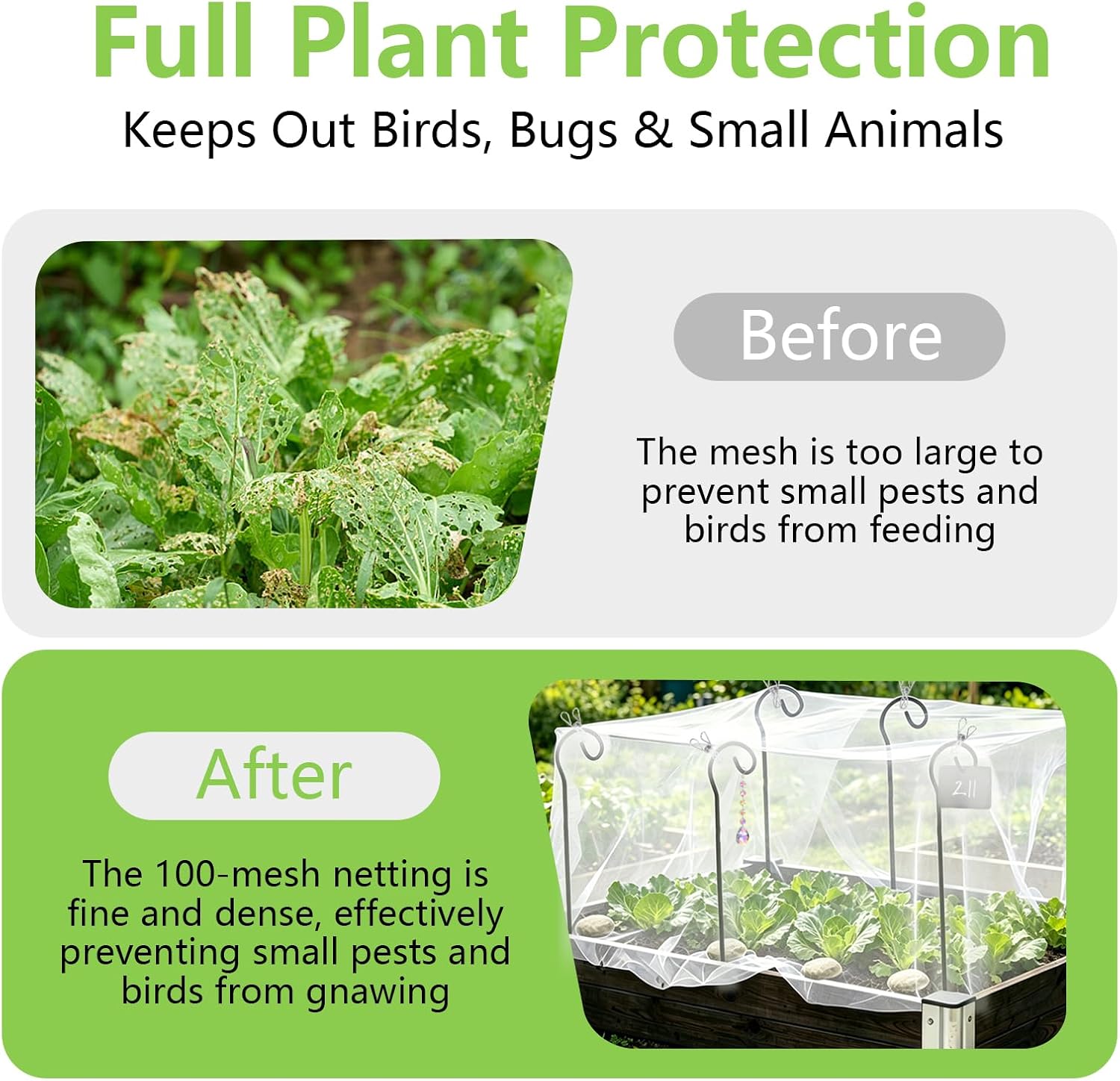 Garden Netting Kit for Raised Beds, 10 x 13 FT Ultra Fine Insect Mesh with 8 Upgraded Hook-Top Stakes & 20 Clips, Plant