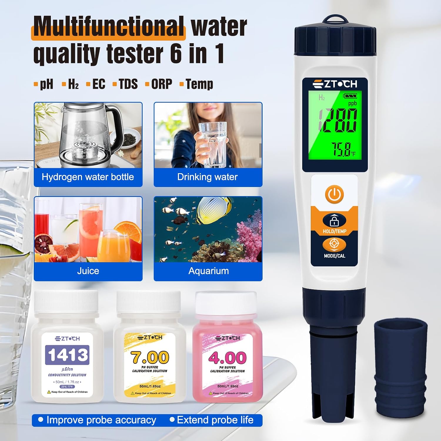 Hydrogen Water Tester pH H2 ORP Meter, Hydroponic pH TDS EC Meter, 6 in 1 | pH H2 ORP TDS EC Temp Tester for Drinking