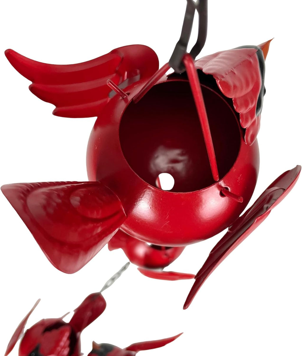 Red Cardinal Rain Chain, 85 Inch Metal with 7 Birds and Bell | Rustic Brown Finish, Three-Dimensional Designs, Each 5.5
