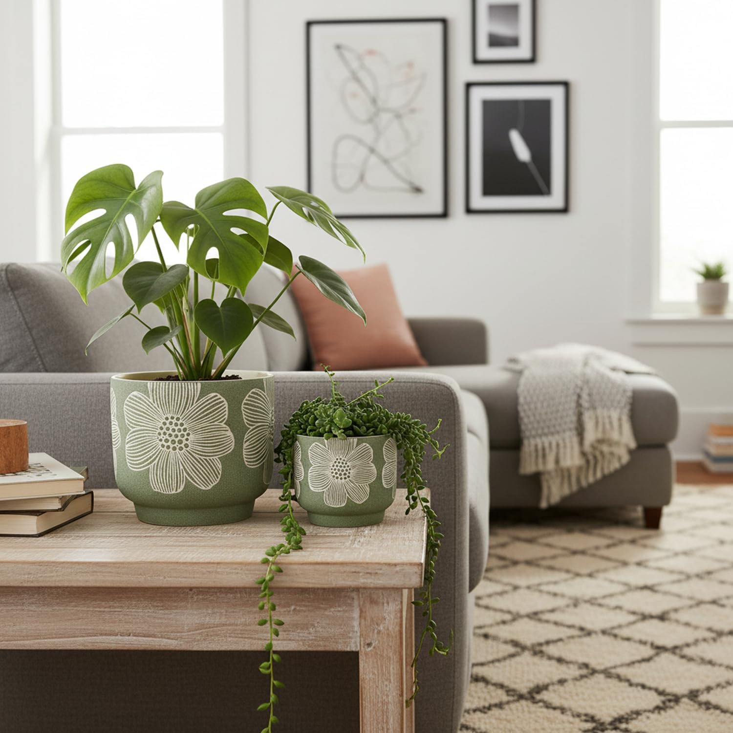 Ceramic Plant Pots, 8+6 Inch, 2 Pcs Indoor Planters with Drainage Holes | Green sand-glazed ceramic planters with