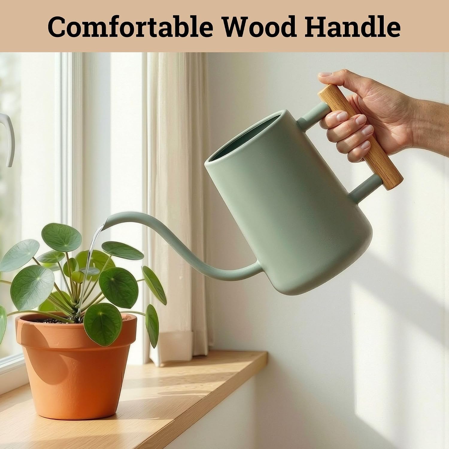 Metal Small Indoor Watering Can with Long Spout & Real Wood Handle, 35oz | Long Spout, Stainless Steel, Real Wood