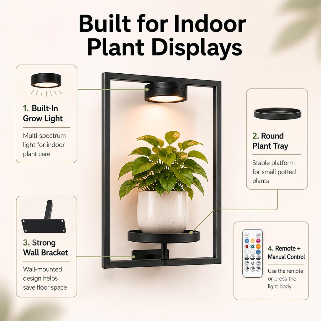2 Pack Plant Wall Shelf with Grow Light, Wall Mounted Indoor Plant Shelf | Rechargeable Cordless Magnetic Grow Light