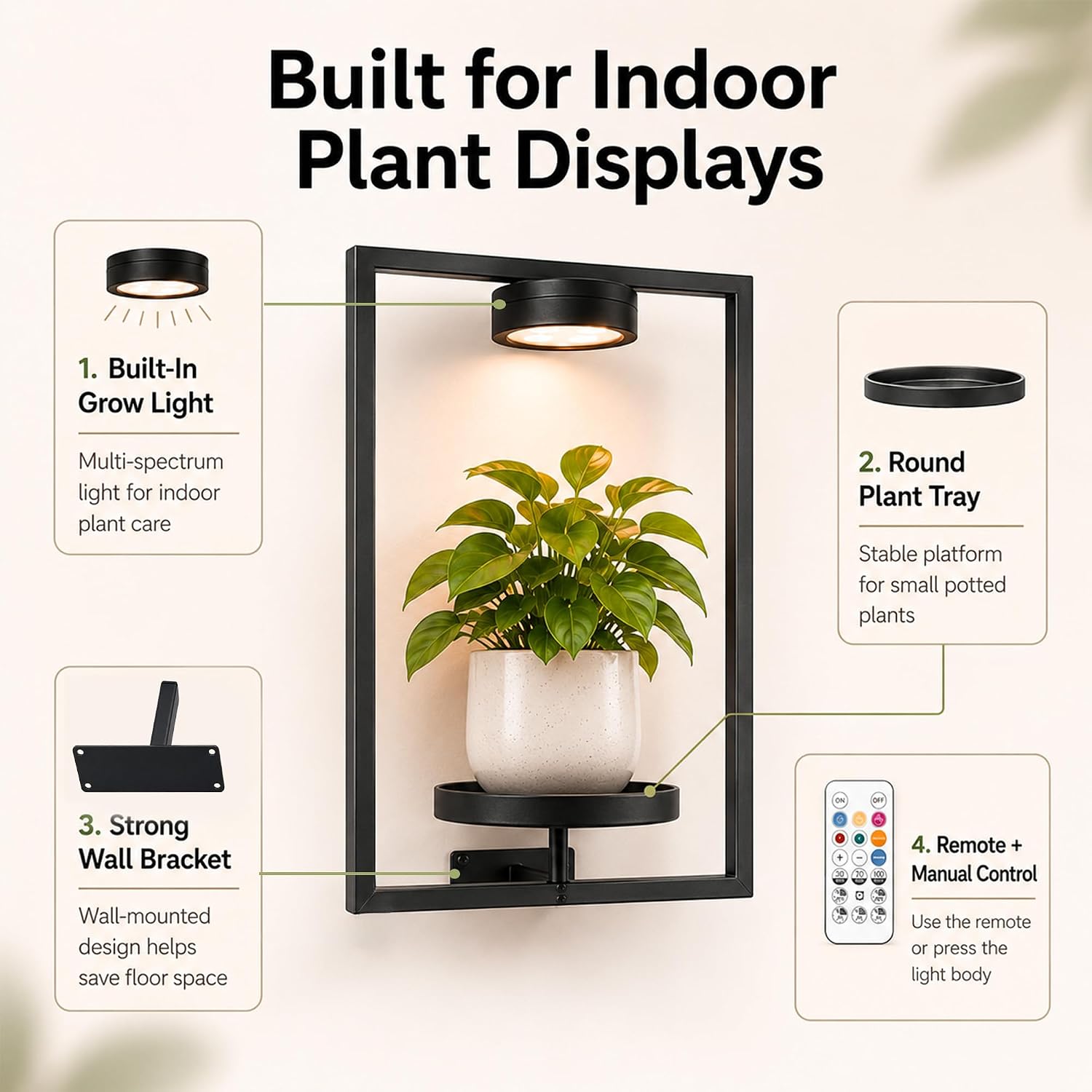 2 Pack Plant Wall Shelf with Grow Light, Wall Mounted Indoor Plant Shelf | Rechargeable Cordless Magnetic Grow Light