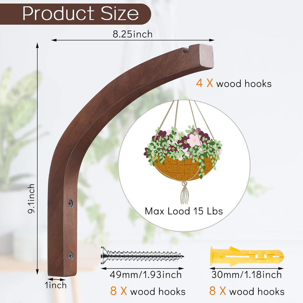 4 Pack 8 Inch Wooden Plant Hanger Wall Mount, Plant Hanging Bracket Hook for Indoor Outdoor, Hanging Bracket for Flower