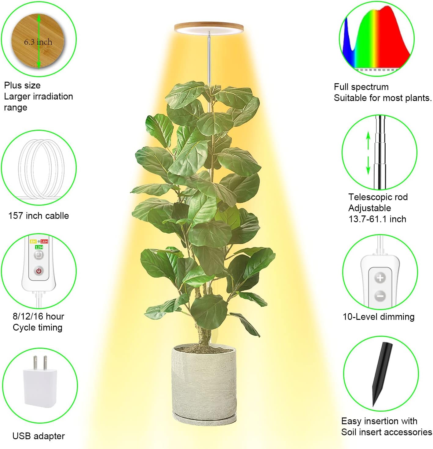 Plant Grow Light, LED Growing Light Full Spectrum for Indoor Plants,Height Adjustable, Automatic Timer, 5V Low Safe