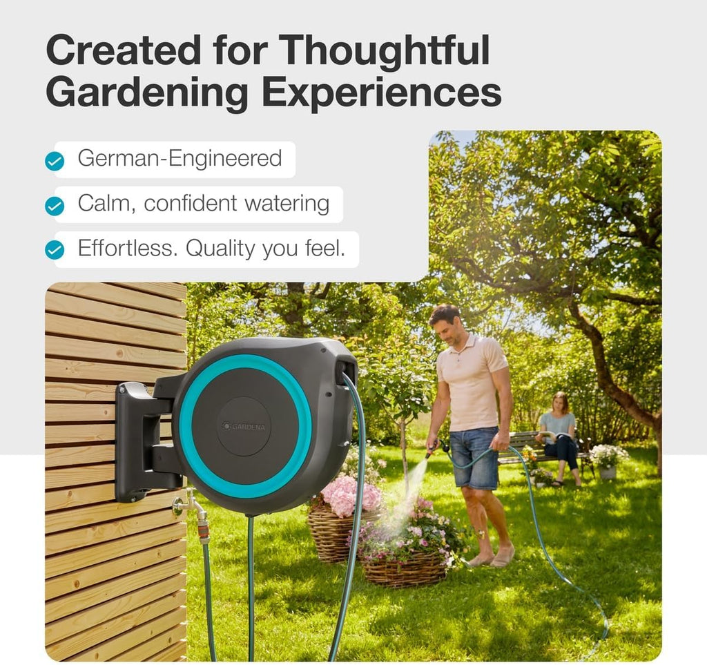 GARDENA Retractable Garden Hose Reel - 115 Feet - Auto Retract Hose Reel with 180° Swivel Wall Mount - Heavy Duty