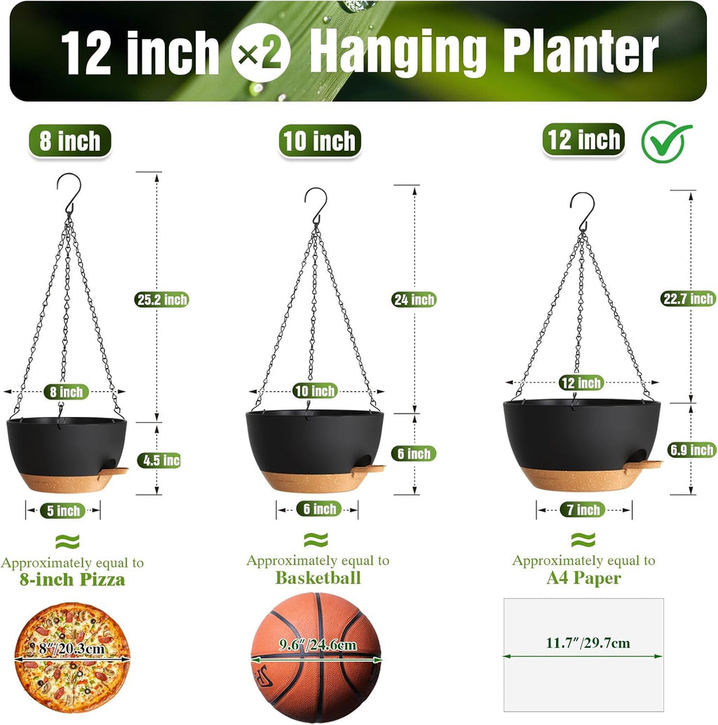 12 Inch Large Self Watering Hanging Planters 2 Pack with Saucers | Set of 2 12-inch self-watering hanging planters with