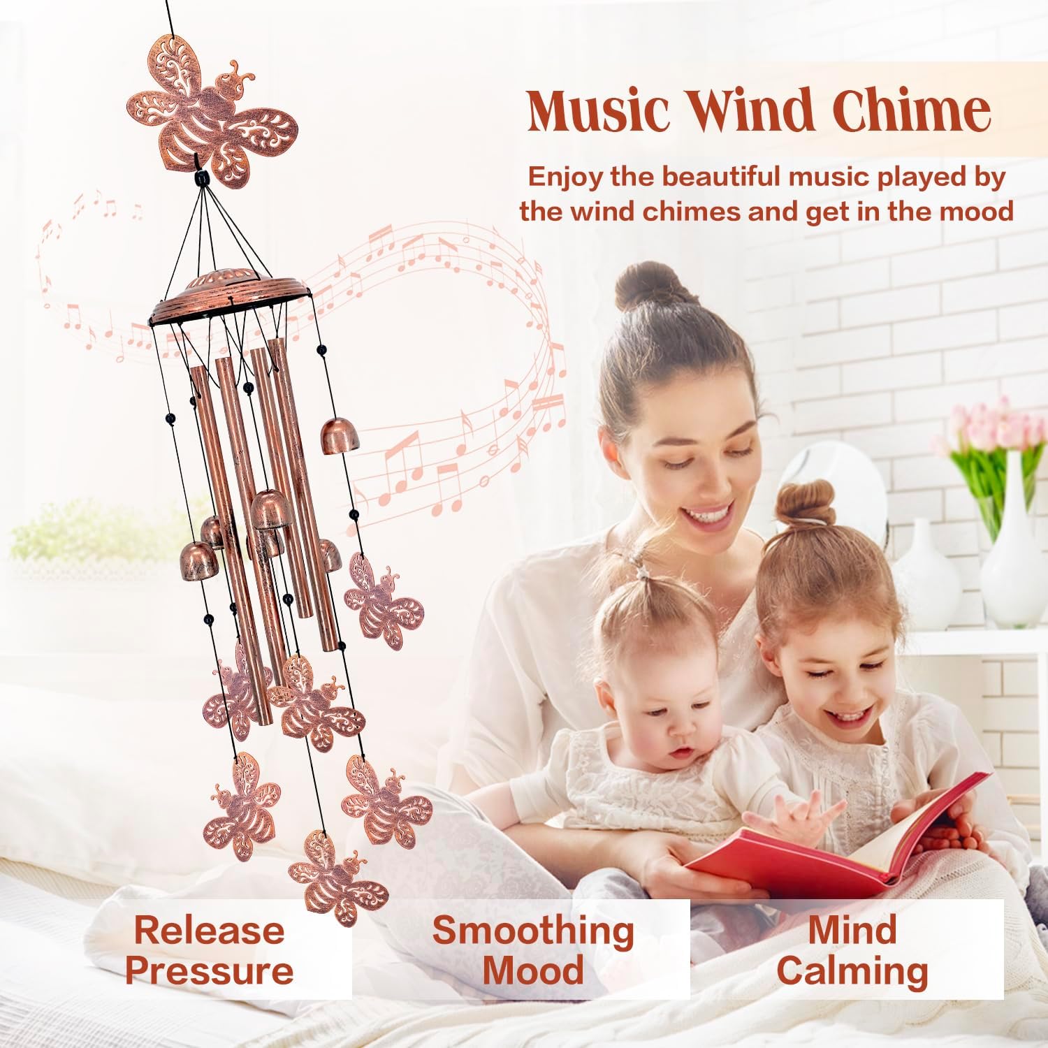 Bee Wind Chimes Outdoor Bee Gifts for Women Mom Men Dad Unique Birthday Metal Honeybee WindChimes for Outside/Indoors