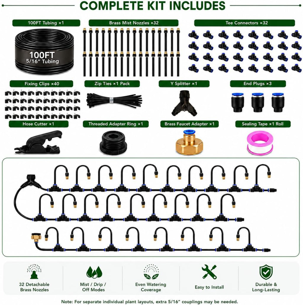 100FT 5/16" Garden Watering Kit with 32 Brass Nozzles & Y Splitter | 32 brass nozzles, 5/16" tubing, brass faucet