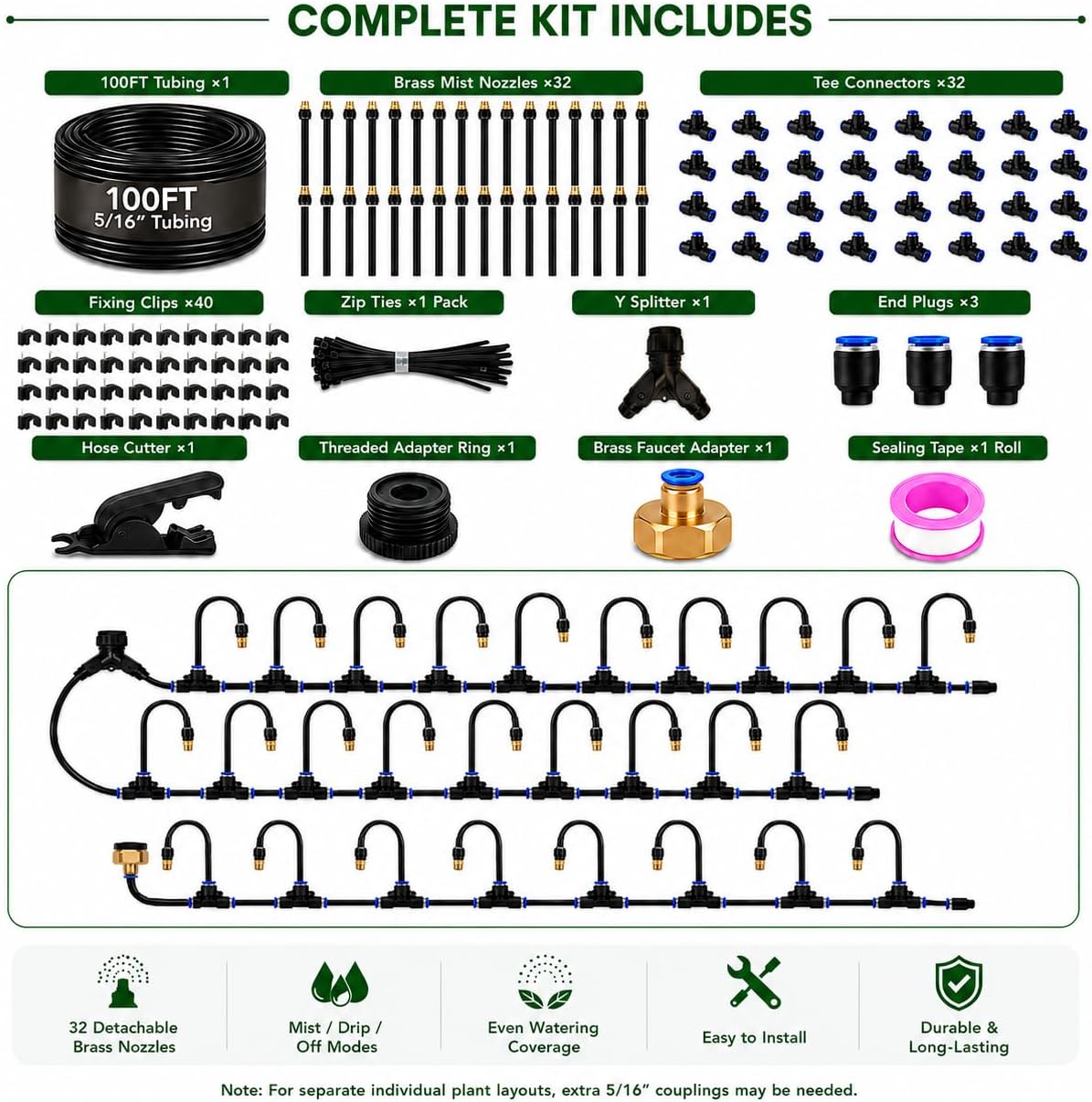 100FT 5/16" Garden Watering Kit with 32 Brass Nozzles & Y Splitter | 32 brass nozzles, 5/16" tubing, brass faucet