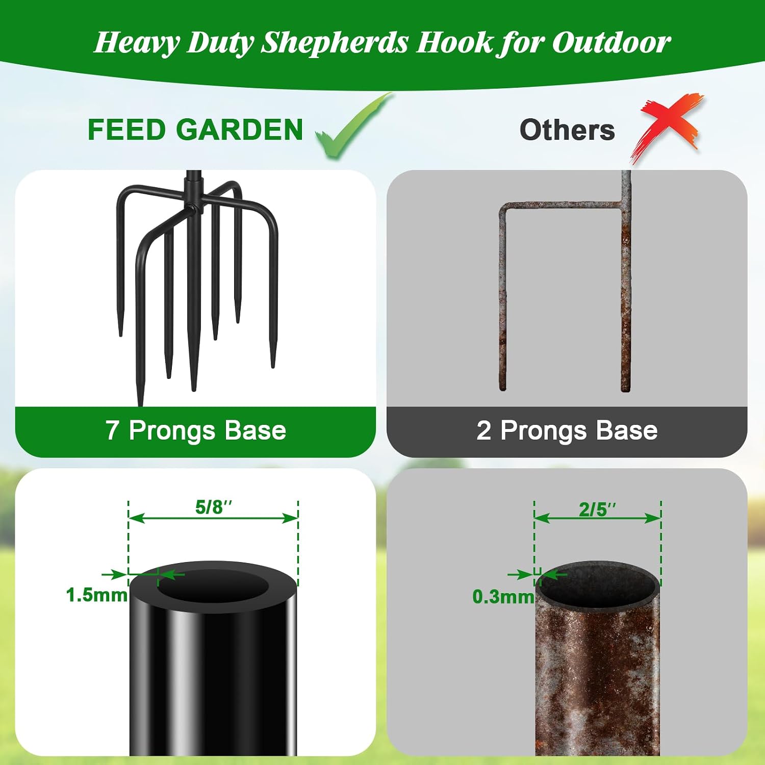 76'' Bird Feeder Pole, Heavy Duty Shepherds Hooks for Outdoor with 7-Prong Base, Adjustable Shepherds Hook for