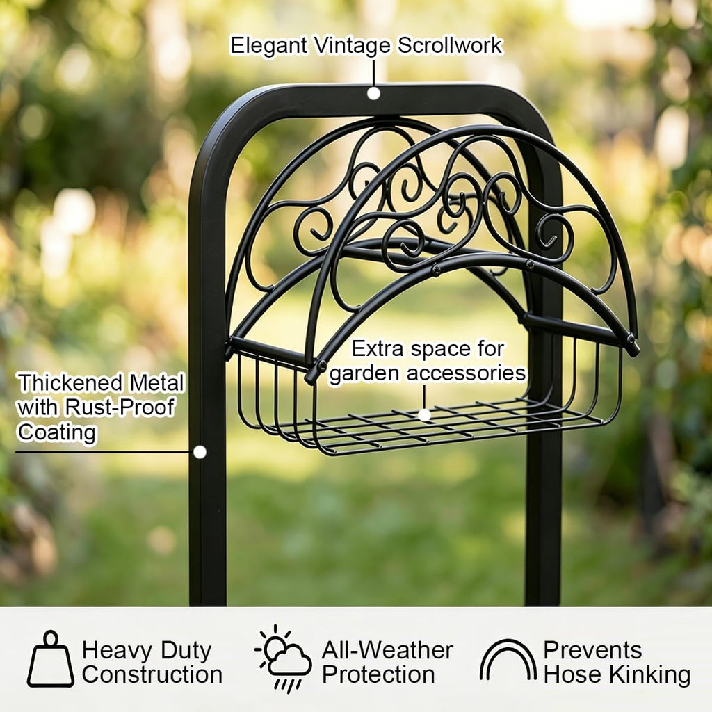 Garden Hose Holder Water Hose Reel Stand with Storage Basket Holds 160ft, Heavy Duty Freestanding Hose Stand with