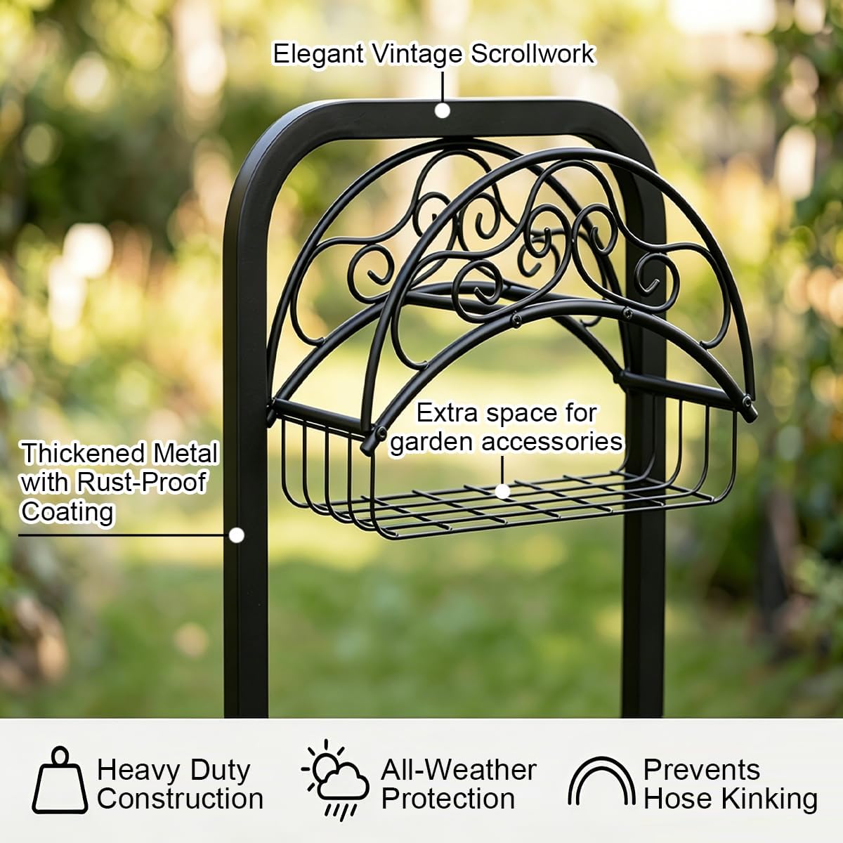 Garden Hose Holder Water Hose Reel Stand with Storage Basket Holds 160ft, Heavy Duty Freestanding Hose Stand with