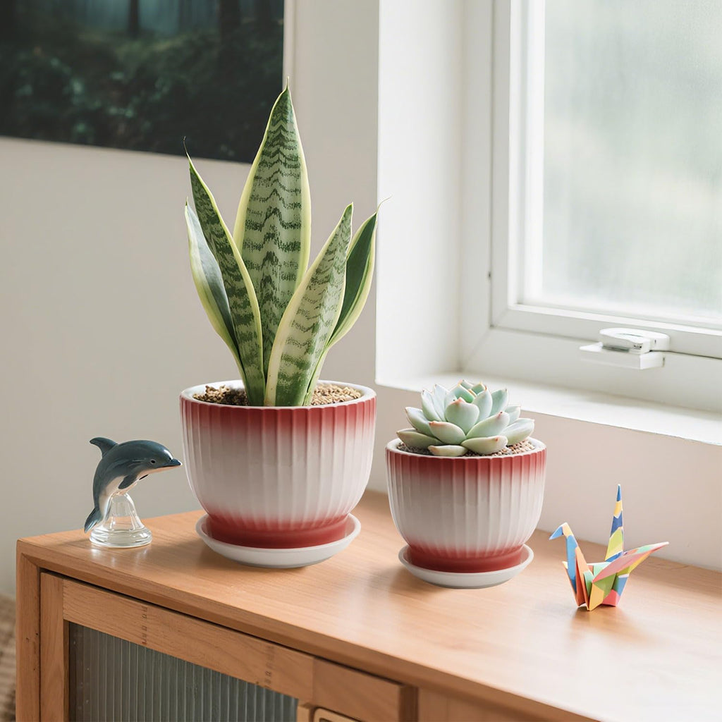 6.7 + 5.5 Inch Ceramic Plant Pots,Set of 2,Planters with Drainage Hole and Saucer,Flower pots for Indoor Plants,Elegant