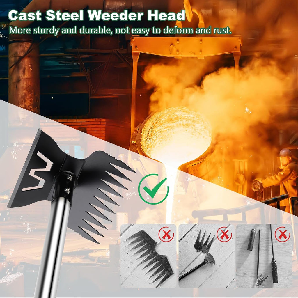 Larger Weed Puller Tool with Long Handle, 2-in-1 Heavy Duty Weed Rake & Hoe | 10 Teeth Weeding Rake, 57" Long Handle