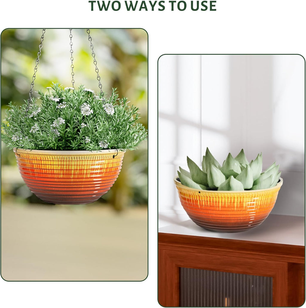 10 Inch Glazed Hanging Planters 2 Pack, Hanging Baskets with Drainage Hole | Ceramic Look, Hanging Flower Pots for