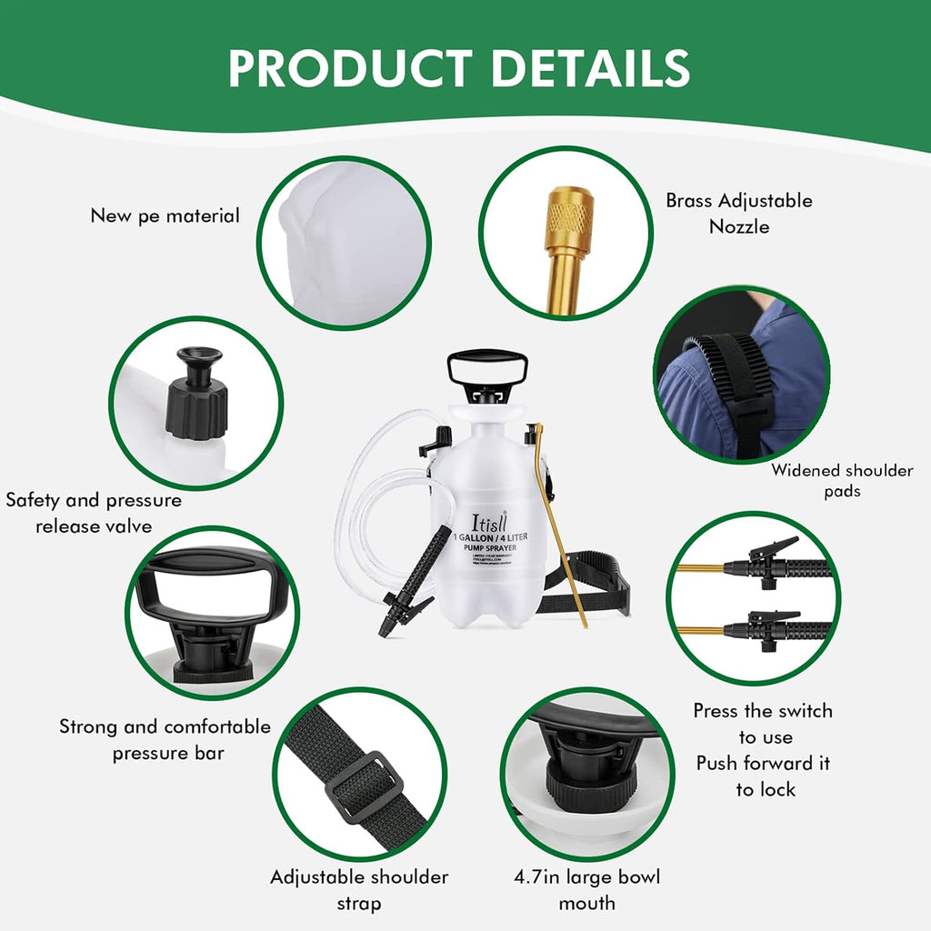 Itisll Portable Garden Pump Sprayer Brass Wand Shoulder Strap for Yard Lawn Weeds Plants 1Gal | Portable design