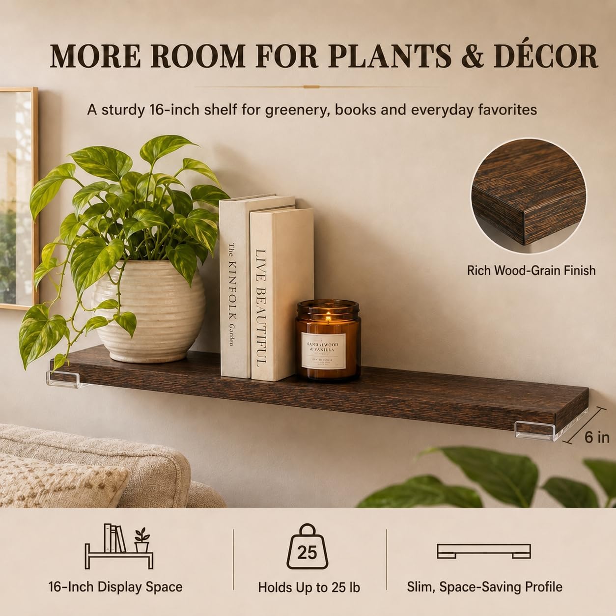 Set of 3 Floating Shelves for Wall with 3 Rechargeable Plant Grow Lights | Growing Lights with Remote Timer, Indoor