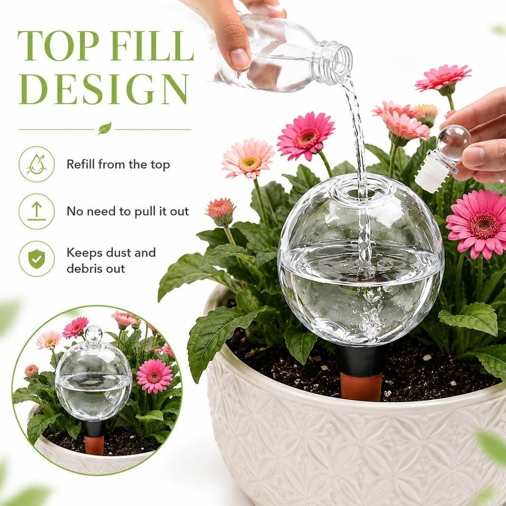 19 oz Large Self Watering Globes for Plants, Top Fill, 4 Pack | Clear 19 oz reservoir with porous terracotta spike for