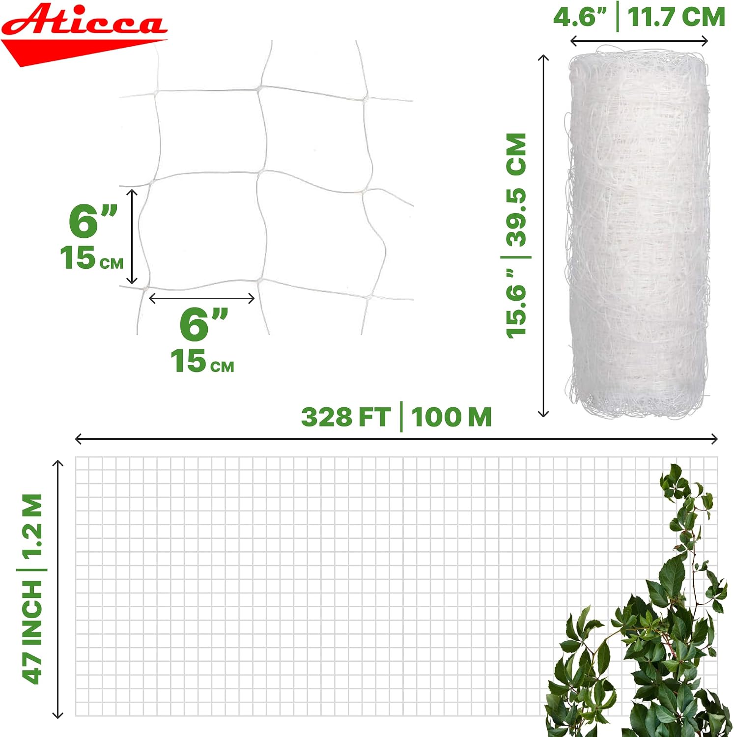 ATICCA Plastic Trellis Netting 47" x 328 ft Heavy Duty Plant Support Netting White - 6 Inch Garden Trellis on Roll