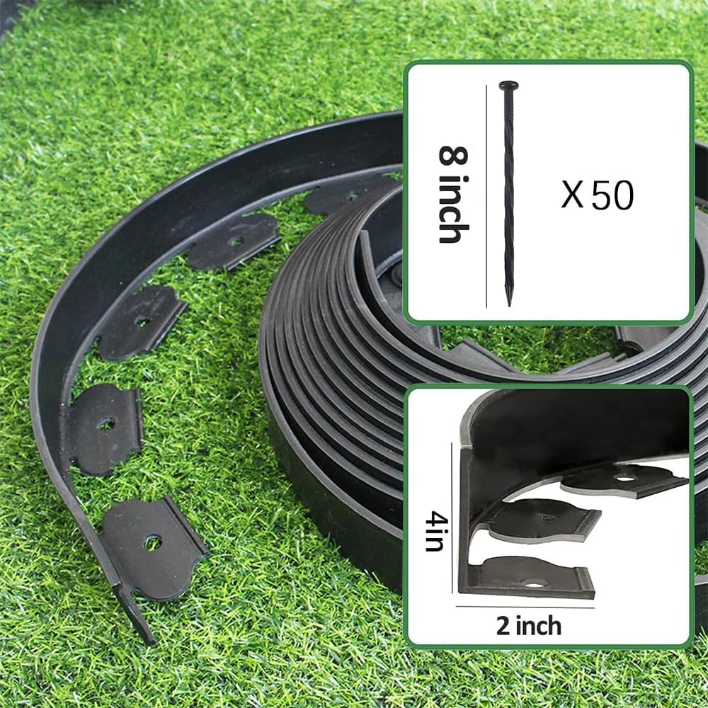 33FT Landscape Edging, 4 Inch Garden Edging Border with 50 Spikes, Flexible Lawn Edging for Trees, Landscape, Garden