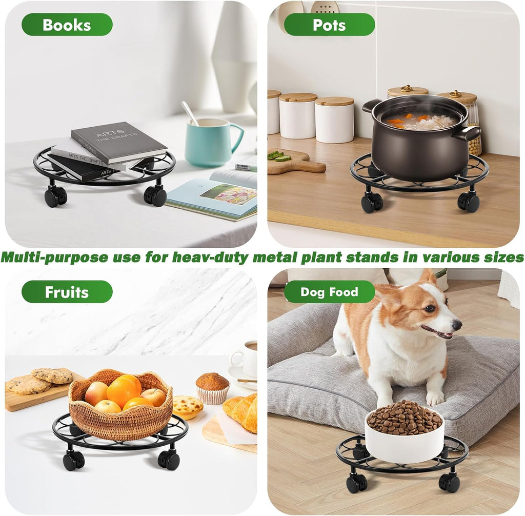 5 Packs 12 inches Large Metal Plant Caddy with Wheels Round Planter Dolly Pot Mover Rollers Wrought Iron Rolling Plant