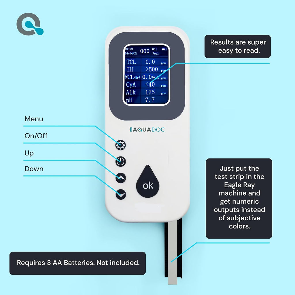 AquaDoc Eagle Ray Digital Water Test Kit for Pool & Spa with 30 Test Strips | Includes a Digital Water Tester and Hot