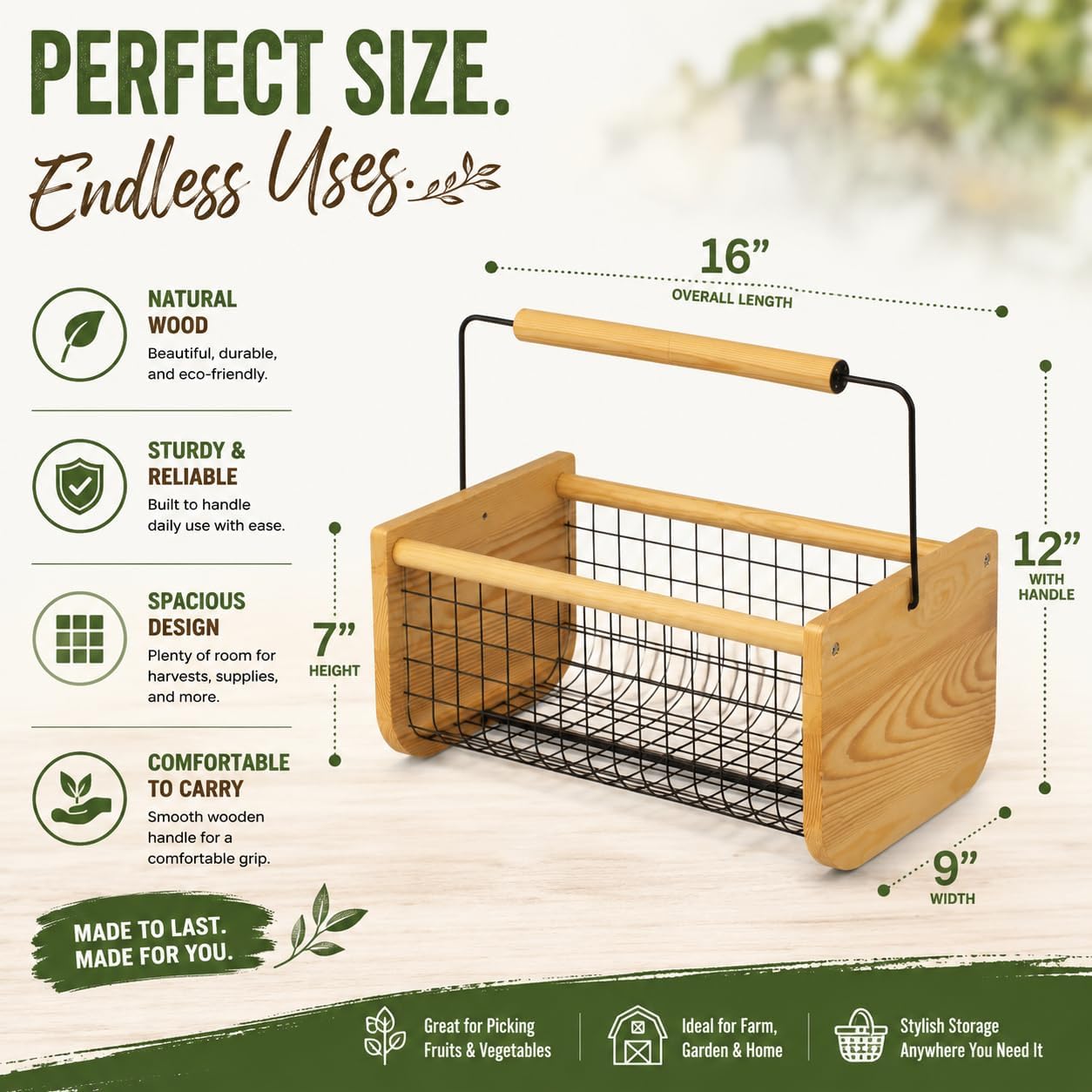Vintage Harvest Basket Pine Wood & Metal Mesh Wire Design Wooden Frame with Straight Handle for Fruits Vegetables