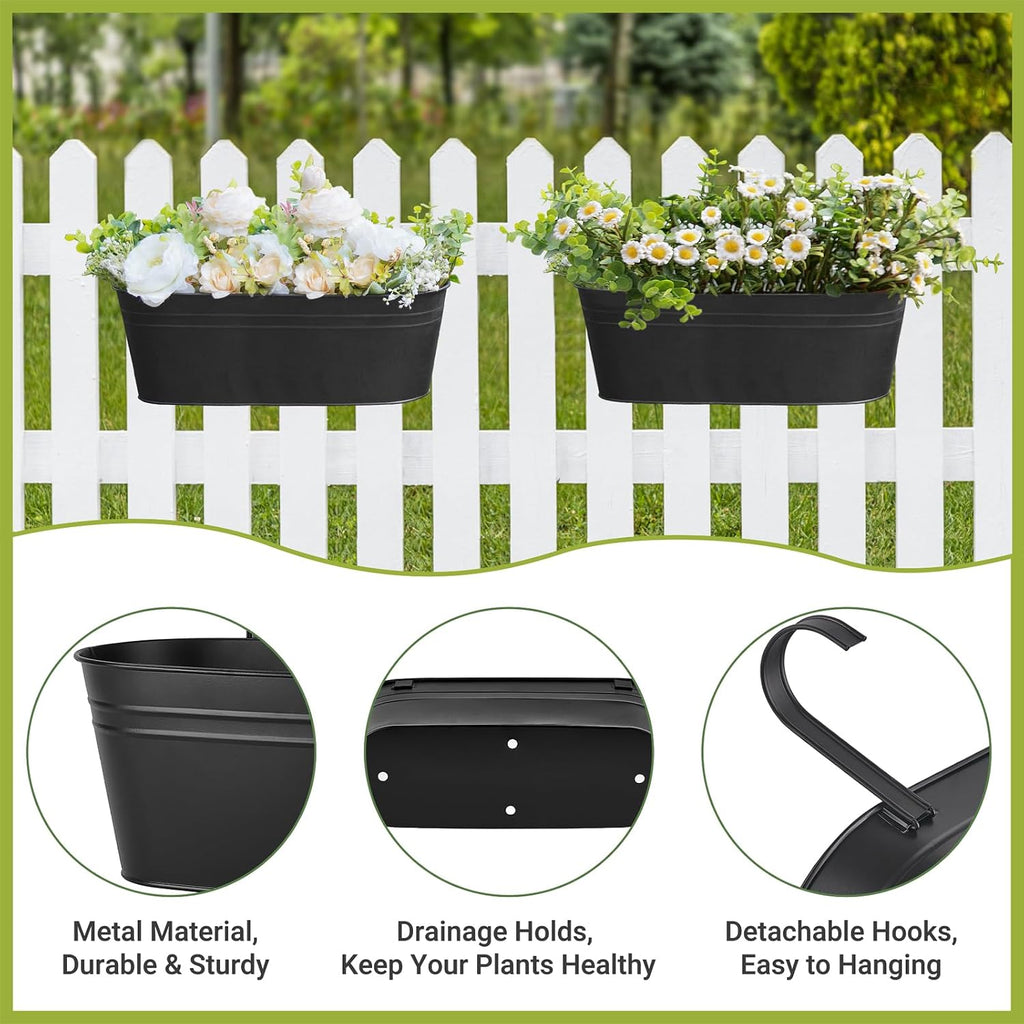 Dahey 15 Inches Railing Planter Box 3 Pcs Metal Hanging Flower Pots, Black | 2.7" Width Detachable Hooks, Outdoor