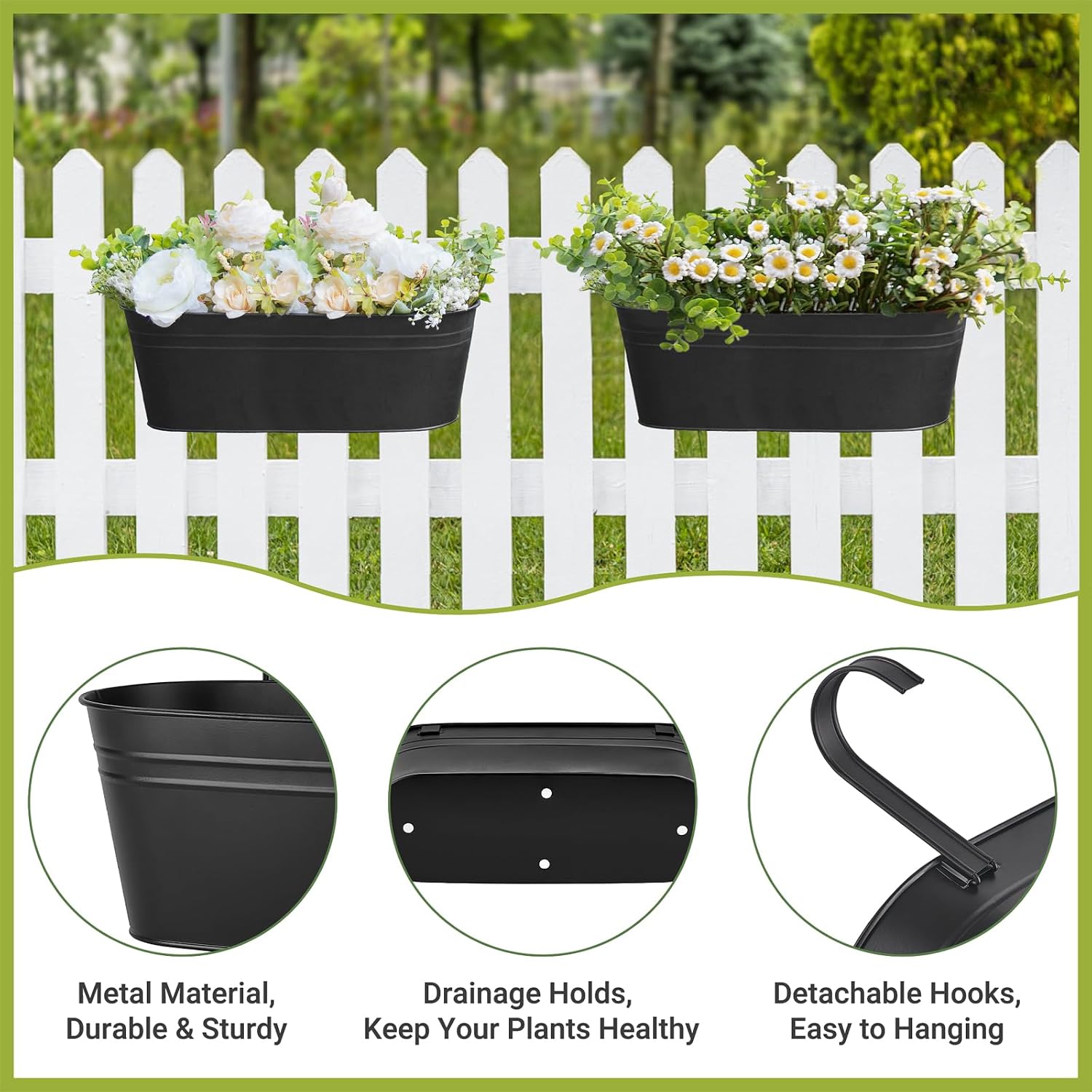 Dahey 15 Inches Railing Planter Box 3 Pcs Metal Hanging Flower Pots, Black | 2.7" Width Detachable Hooks, Outdoor