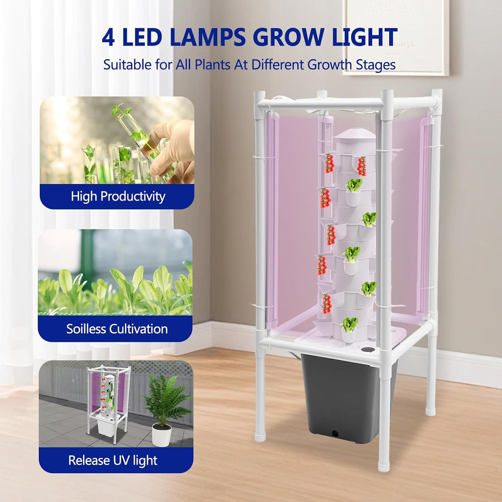 Hydroponic Tower Growing System Kits with LED Grow Lights 30 Pods Indoor Vertical Planter Germination Kit 6 Layers