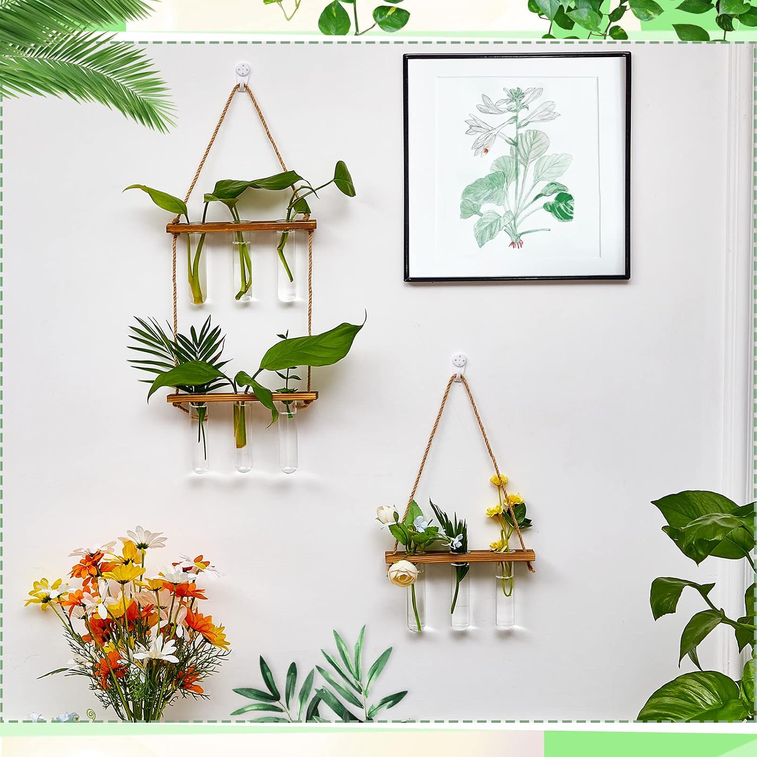Leumoi 3pcs Hanging Propagation Station, Vertical 18 Glass Test Tubes | 3 Tiered Wooden Racks, Wall Propagation