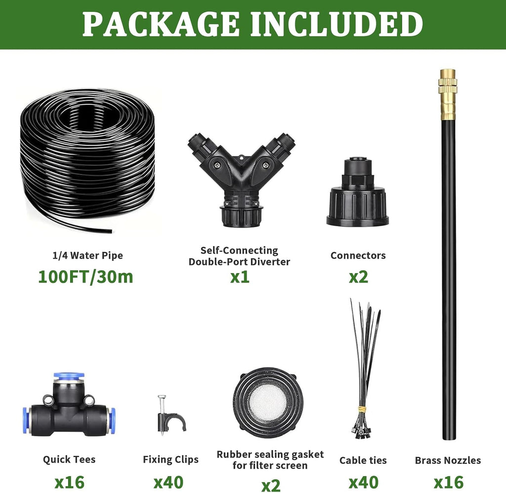 100Ft 1/4” Drip Irrigation System – Drip Irrigation Kit & Garden Watering Kit with 16 Pcs 360° Adjustable Copper