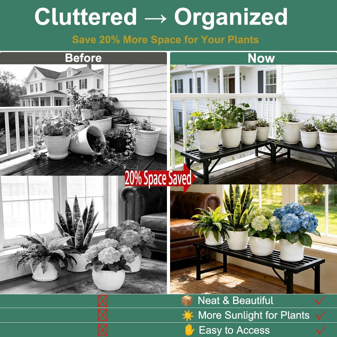 Foldable Single Tier Plant Stand, Heavy Duty Iron Plant Shelf，Anti-Rust Waterproof Flower Pot Stand, Tool-Free Quick
