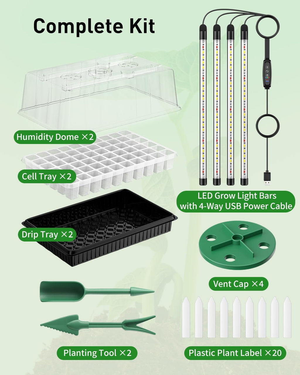Pawfly 2 Pack Seed Starter Kit, 120 Cells, Seed Starter Trays | Adjustable Grow Light Bars & 4" Humidity Domes, Indoor