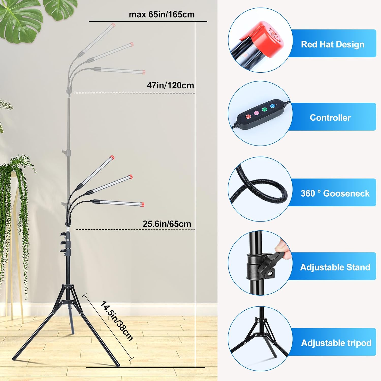 3Head Grow Light with Stand, 5-Mode Timer 4/8/12/16/20H, 27 Watt Power Home Plug LED Grow Lights for Indoor Plants for