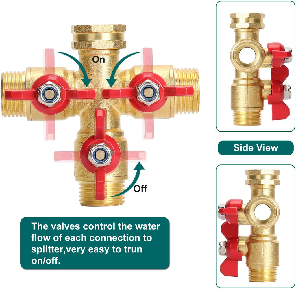 BoArt Brass Garden Hose Splitter 3 Way Heavy Duty, 3-Way Valve Hose Splitter With Large Grip Handle, 3/4" GHT Thread