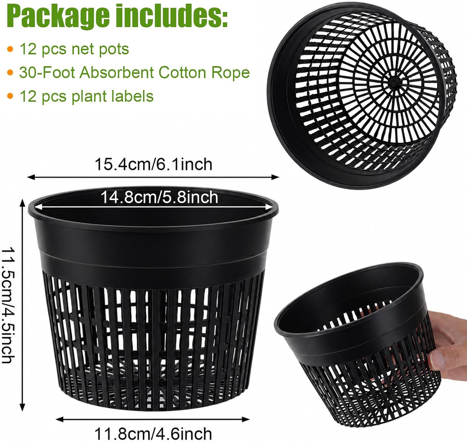 Net Cups Hydroponics 12 Pack, 6 Inch Mesh Pots with Wick Cord | Includes 12 Plant Labels and 30 Ft Wick Cord for