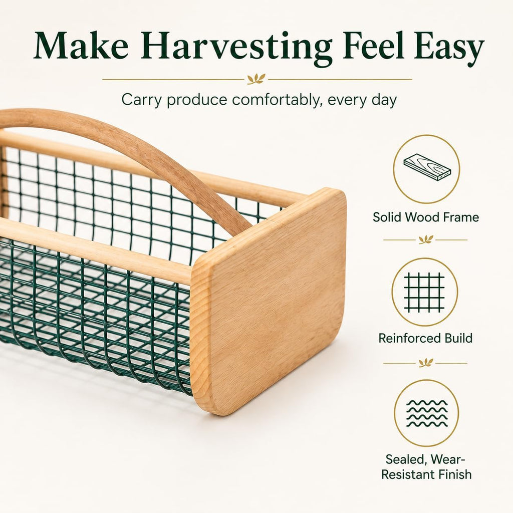 Extra Large Garden Harvest Basket for Vegetables | Wooden Garden Hod with Handle, Coated Metal Mesh Produce Caddy for