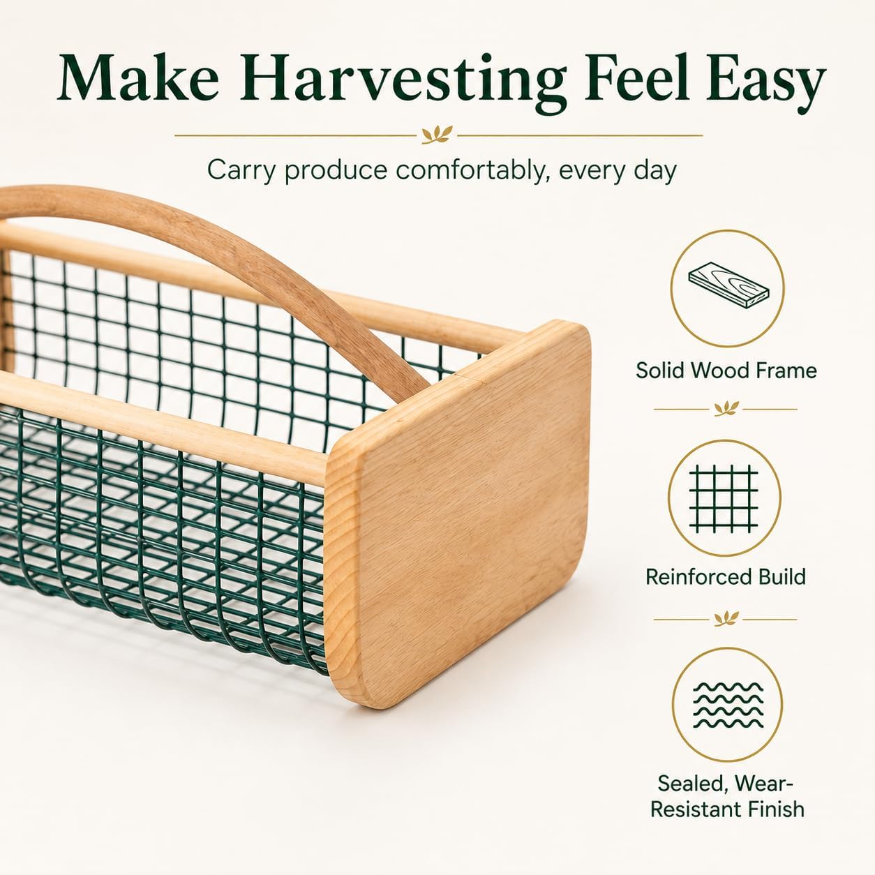 Large Garden Harvest Basket for Vegetables | Wooden Garden Hod with Handle, Coated Metal Mesh Produce Caddy for