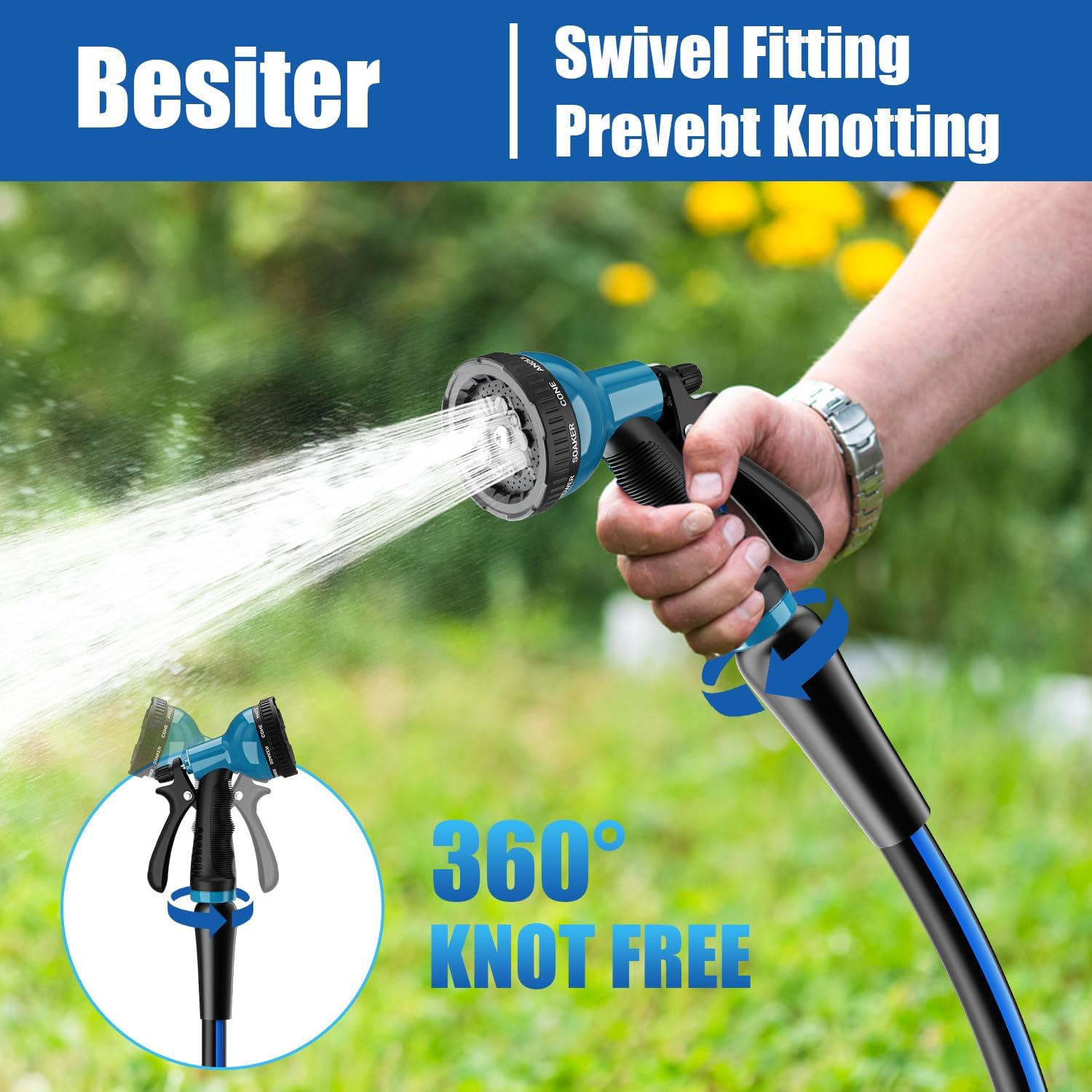 Besiter Heavy Duty Garden Hose 5/8" 50FT: Flexible Rubber Water Hose with 10 Function Sprayer - Leakproof Hose Male to