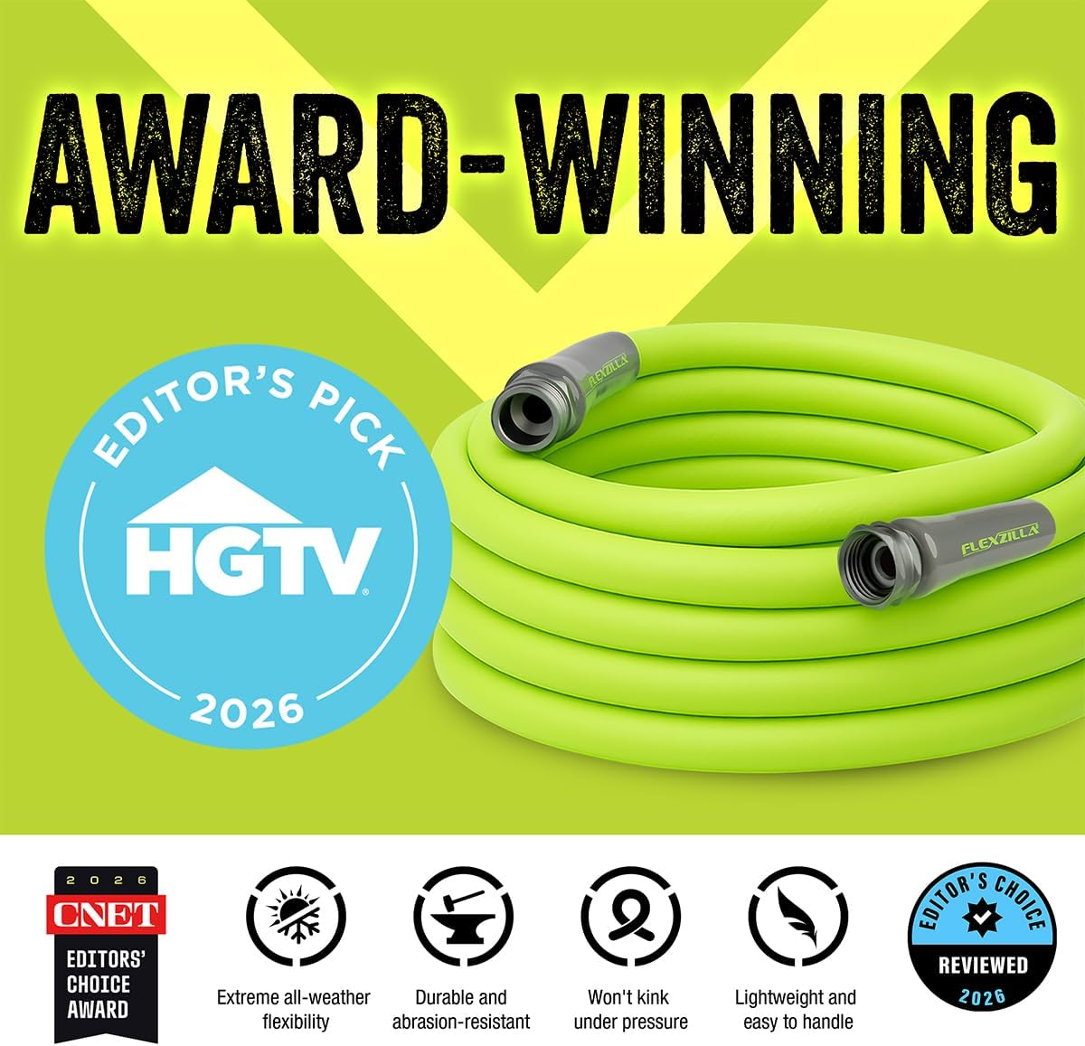 Flexzilla Garden Hose 5/8 in. x 50 ft., Lightweight All-Weather Water Hose, Durable and Flexible, Leak-Free Connections