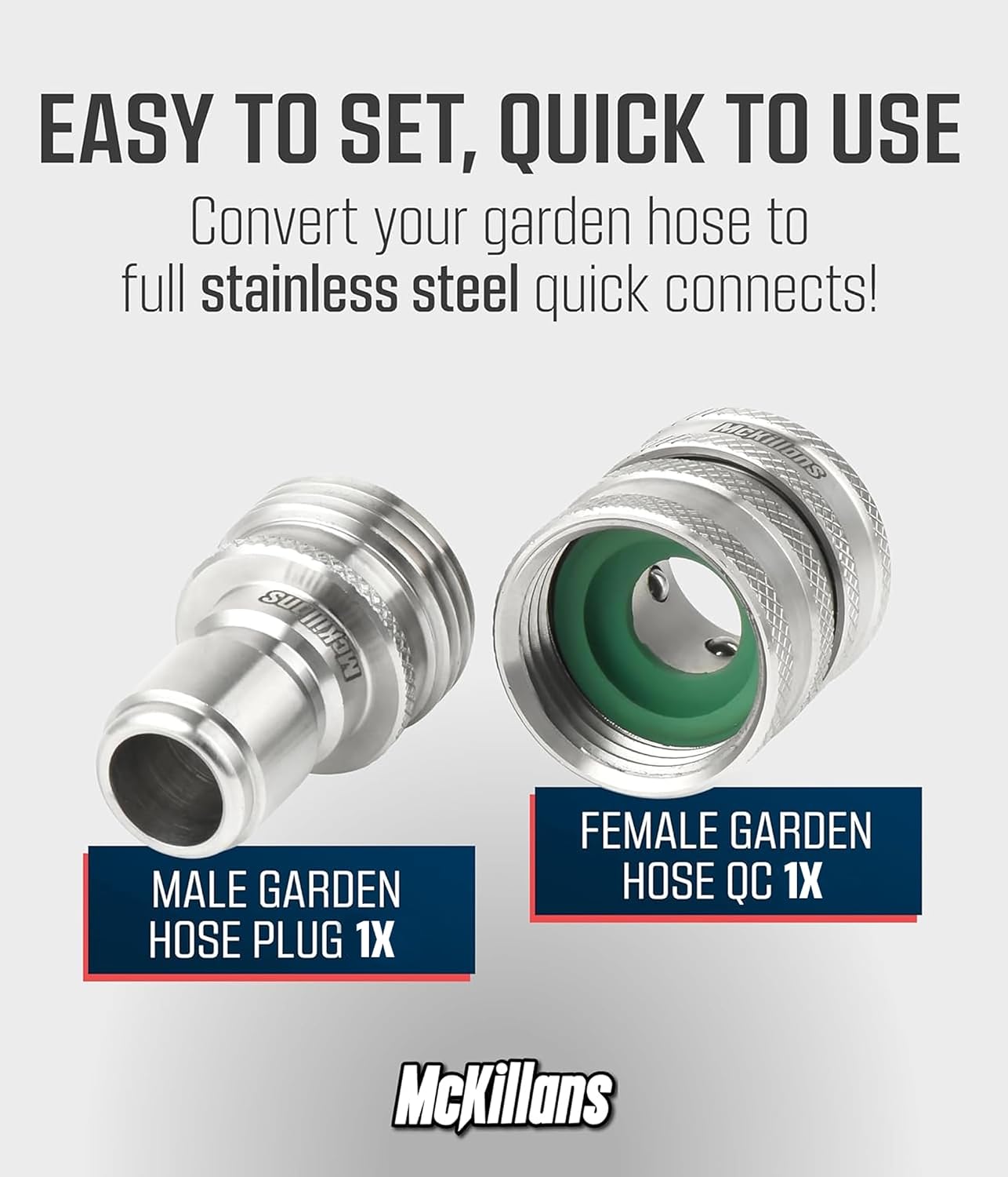 McKillans® Garden Hose Quick Connect Pair [UNIVERSAL FIT] - Stainless Steel Quick Connect Hose Fittings - Water Hose