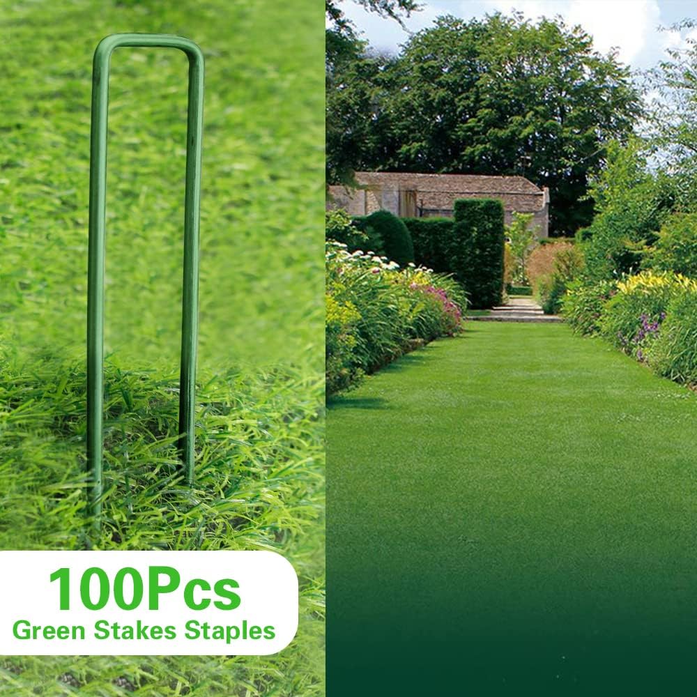 Bakulyor 100Pcs Green Landscape Staples 6 Inch Garden Artificial Turf Stakes Staples, 11 Gauge Lawn Galvanized Ground